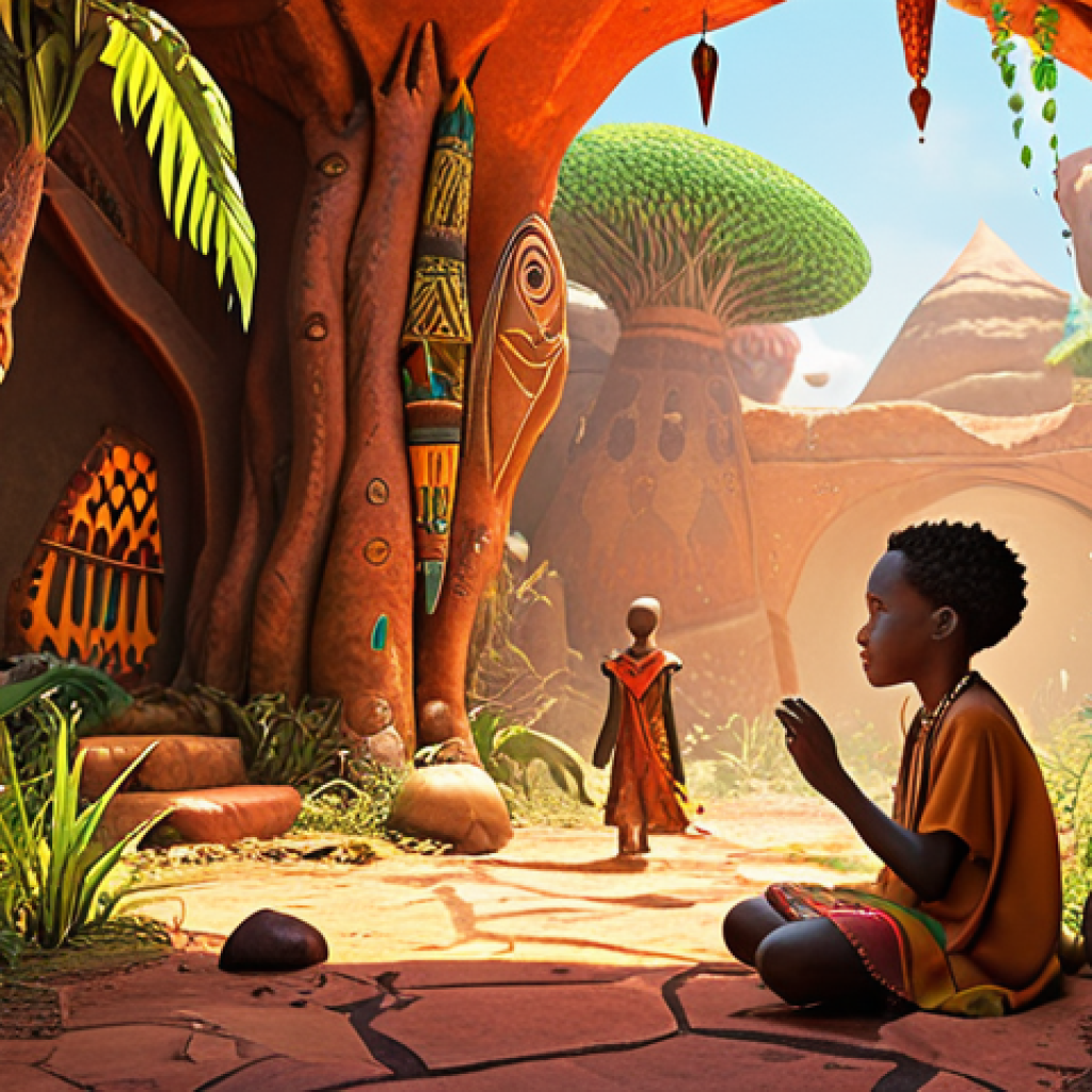 **

A vibrant scene inspired by "Kiriku and the Sorceress," showcasing warm African colors and organic shapes. Focus on a magical atmosphere with a young boy (Kiriku) facing a sorceress in a lush, animated environment.

**