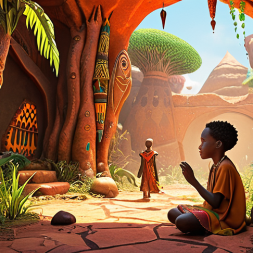 Home 11 **
A vibrant scene inspired by "Kiriku and the Sorceress," showcasing warm African colors and organic shapes. Focus on a magical atmosphere with a young boy (Kiriku) facing a sorceress in a lush, animated environment.
**