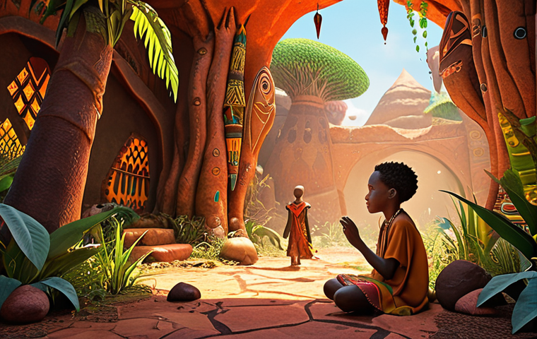 **
A vibrant scene inspired by "Kiriku and the Sorceress," showcasing warm African colors and organic shapes. Focus on a magical atmosphere with a young boy (Kiriku) facing a sorceress in a lush, animated environment.
**