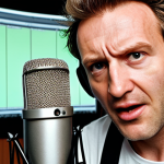 **

Prompt: A behind-the-scenes look at a German voice actor in a recording studio, passionately dubbing an animated character. Focus on the actor's expressive face and the technical equipment surrounding them (microphone, script). Include sound waves visualized in the background. The character on screen that the voice actor is dubbing should be SpongeBob Schwammkopf.

**