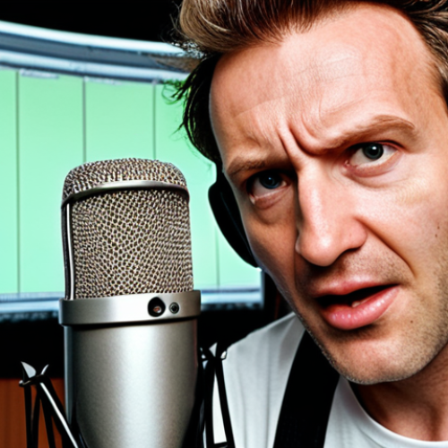 Home 6 **
Prompt: A behind-the-scenes look at a German voice actor in a recording studio, passionately dubbing an animated character. Focus on the actor's expressive face and the technical equipment surrounding them (microphone, script). Include sound waves visualized in the background. The character on screen that the voice actor is dubbing should be SpongeBob Schwammkopf.
**