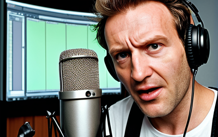 **
Prompt: A behind-the-scenes look at a German voice actor in a recording studio, passionately dubbing an animated character. Focus on the actor's expressive face and the technical equipment surrounding them (microphone, script). Include sound waves visualized in the background. The character on screen that the voice actor is dubbing should be SpongeBob Schwammkopf.
**