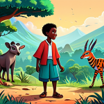 Hand-Drawn Charm**

"A whimsical scene inspired by 'Kiriku and the Sorceress,' showcasing a lush African landscape with stylized trees and vibrant colors, featuring a small, agile boy (fully clothed in modest, traditional garb) interacting with friendly, stylized animals, perfect anatomy, correct proportions, natural pose, safe for work, appropriate content, family-friendly animation style, professional quality illustration."

**