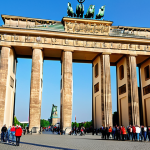 "A grand German flag waving proudly in front of the Brandenburg Gate in Berlin, fully clothed people visible in the background, appropriate content, safe for work, professional photograph, perfect anatomy, natural proportions, family-friendly."