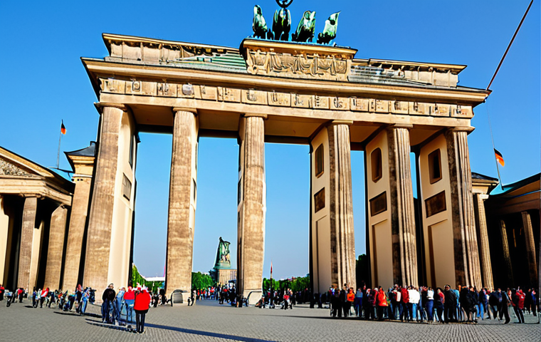 "A grand German flag waving proudly in front of the Brandenburg Gate in Berlin, fully clothed people visible in the background, appropriate content, safe for work, professional photograph, perfect anatomy, natural proportions, family-friendly."