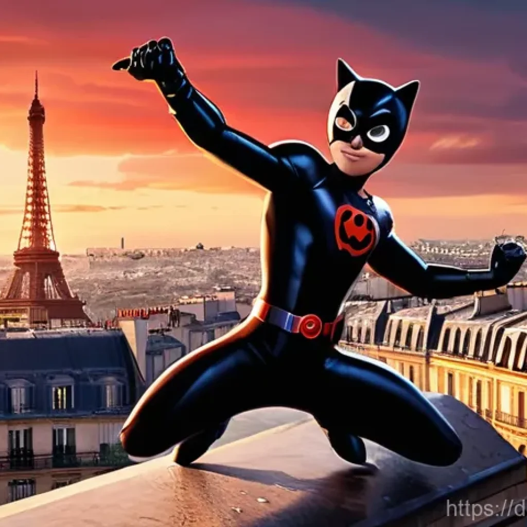 레이디버그 공식 웹사이트 - **Prompt:** A vibrant, action-packed scene featuring Ladybug and Cat Noir in their superhero costume...