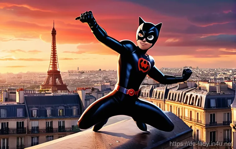 레이디버그 공식 웹사이트 - **Prompt:** A vibrant, action-packed scene featuring Ladybug and Cat Noir in their superhero costume...