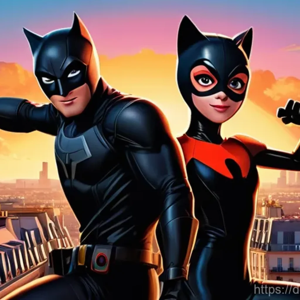 레이디버그 교육적 메시지 - A dynamic, action-packed illustration of Ladybug and Cat Noir soaring gracefully above the iconic ro...