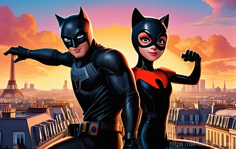 레이디버그 교육적 메시지 - A dynamic, action-packed illustration of Ladybug and Cat Noir soaring gracefully above the iconic ro...