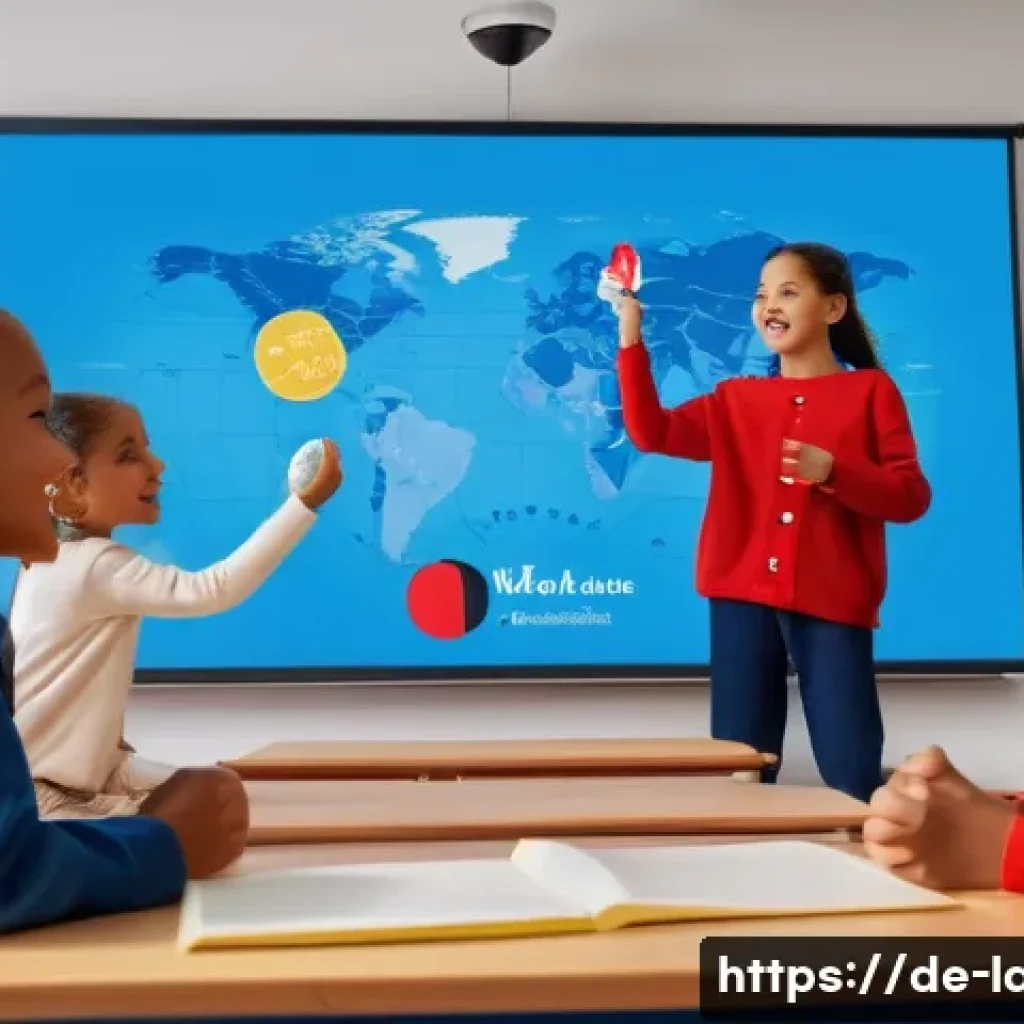 레이디버그 상영 국가 - A vibrant scene showing children in a French-speaking classroom watching Ladybug on a large screen, ...