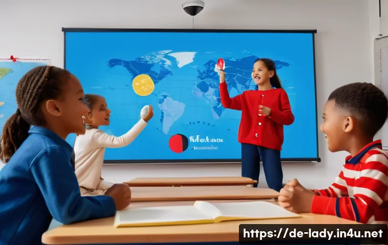 레이디버그 상영 국가 - A vibrant scene showing children in a French-speaking classroom watching Ladybug on a large screen, ...
