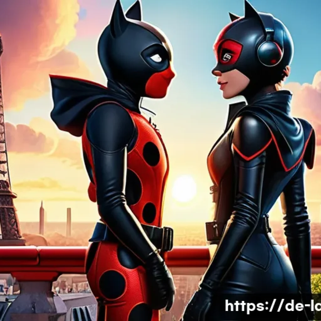 레이디버그 팬아트 공모전 - A vibrant digital illustration of Ladybug and Cat Noir standing back-to-back on a Paris rooftop at s...
