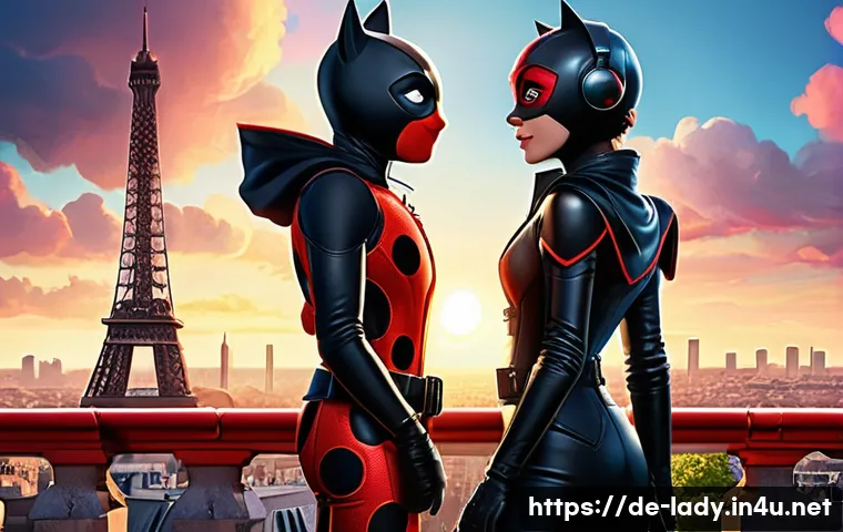 레이디버그 팬아트 공모전 - A vibrant digital illustration of Ladybug and Cat Noir standing back-to-back on a Paris rooftop at s...