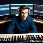 레이디버그 주제곡 작곡가 - A professional music composer in a modern recording studio filled with high-tech digital equipment, ...