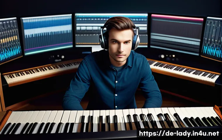 레이디버그 주제곡 작곡가 - A professional music composer in a modern recording studio filled with high-tech digital equipment, ...
