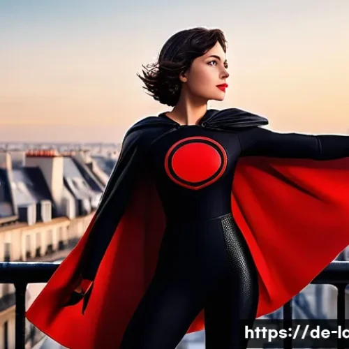레이디버그 주인공 마리네뜨 - A dynamic illustration of a young female superhero inspired by Ladybug, standing confidently on a Pa...