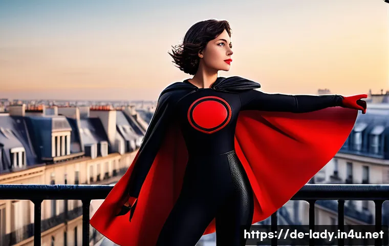 레이디버그 주인공 마리네뜨 - A dynamic illustration of a young female superhero inspired by Ladybug, standing confidently on a Pa...