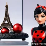 레이디버그 공식 굿즈 목록 - A highly detailed Ladybug collectible action figure in a dynamic pose, wearing her classic red and b...