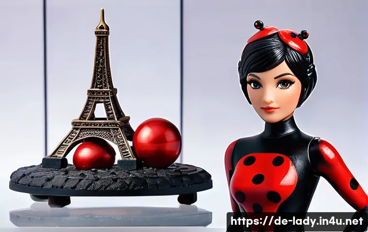 레이디버그 공식 굿즈 목록 - A highly detailed Ladybug collectible action figure in a dynamic pose, wearing her classic red and b...