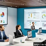 샤노아르와의 팀워크 사례 - A modern German corporate office setting showing a diverse team engaged in a hybrid meeting. Half th...